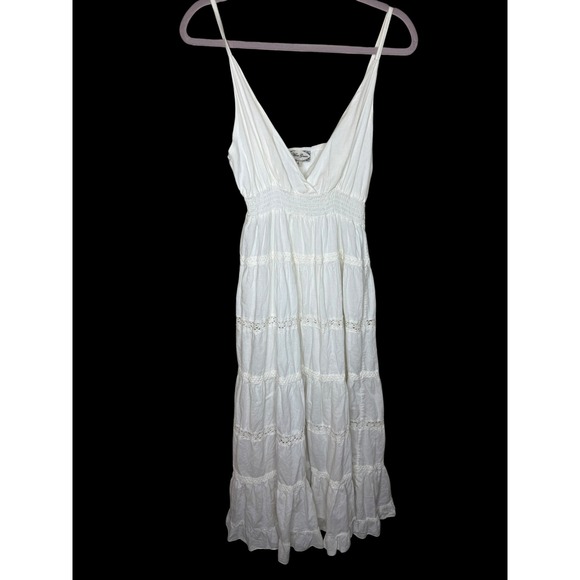 Mint Green Dresses & Skirts - White Tiered Maxi Dress Boho Crochet Lace Smocked Waist Large